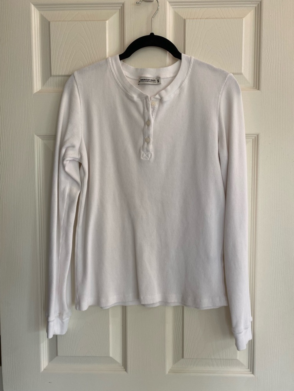 American Giant White Waffle Knit Long-Sleeve Henley Shirt